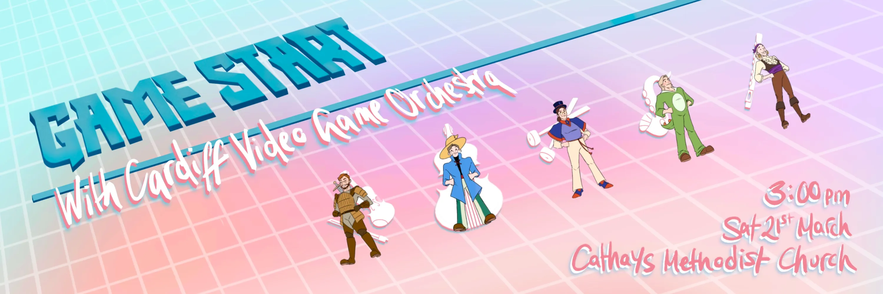 Pink and blue blurred background with text and graphics resembling a game start menu. Five portraits of musicians resemble a 'player select' menu.