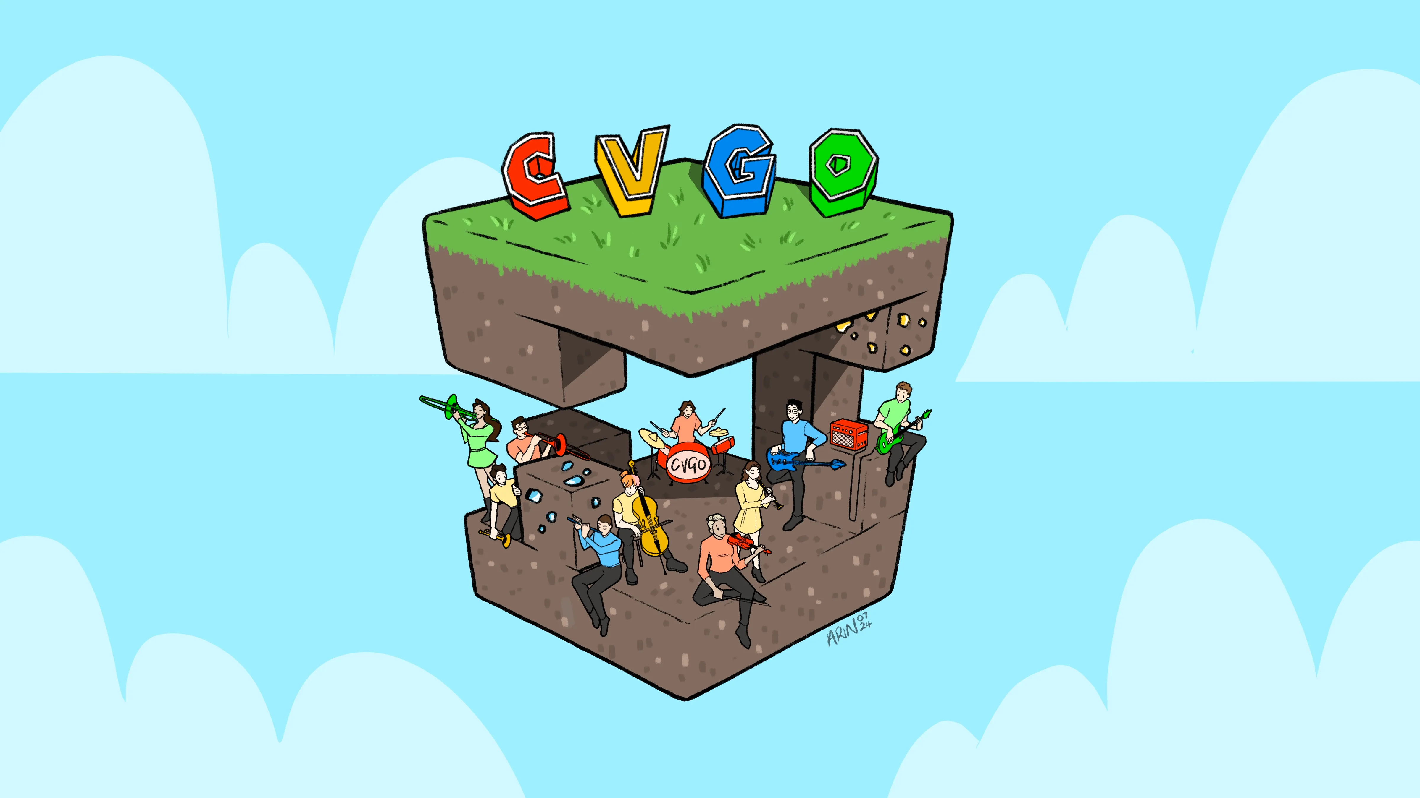 Players from the Cardiff Video Game Orchestra sitting on a Minecraft block.